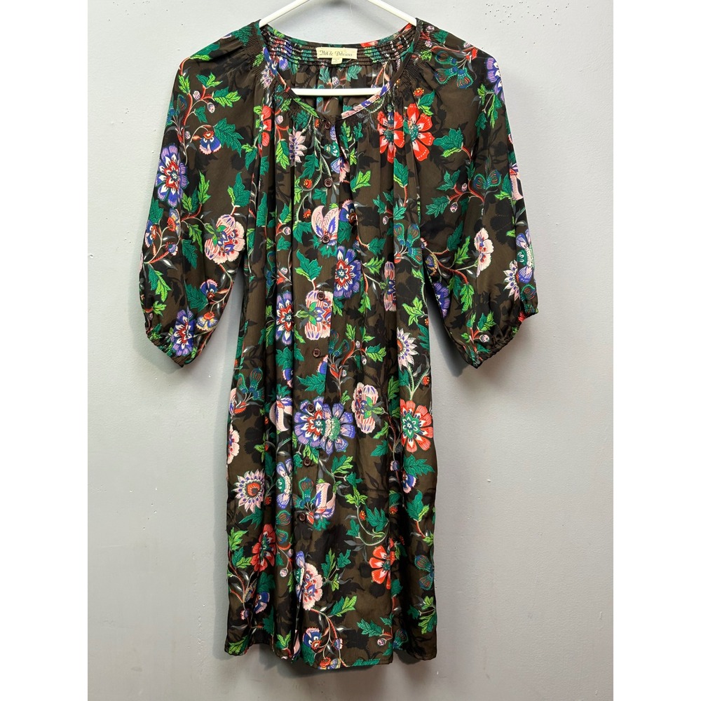Hot‎ & Delicious Floral Print Dress Medium 3/4 Sleeve Pockets Brown Multicolor